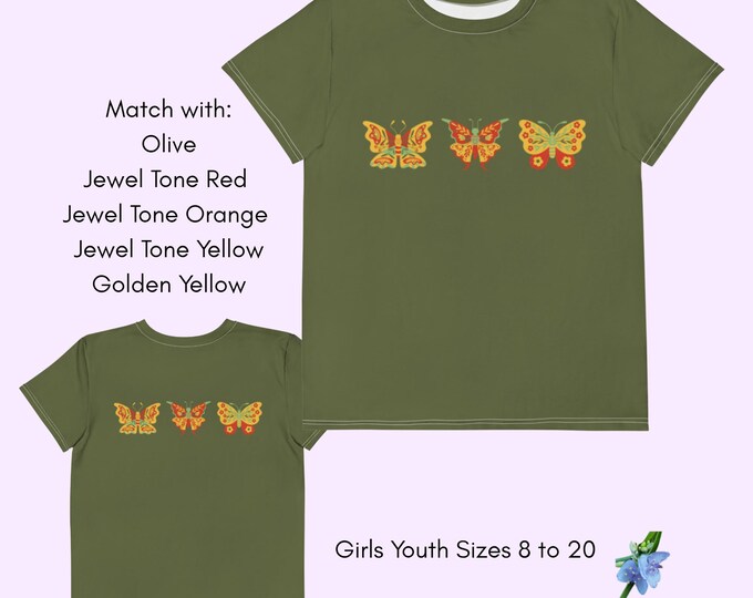 Butterfly Print Youth T-Shirt - Red & Yellow Design on Green Cotton