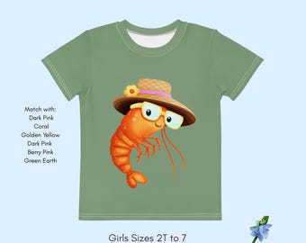 Shrimp Graphic Kids T-Shirt - Green Cotton Crew Neck Top