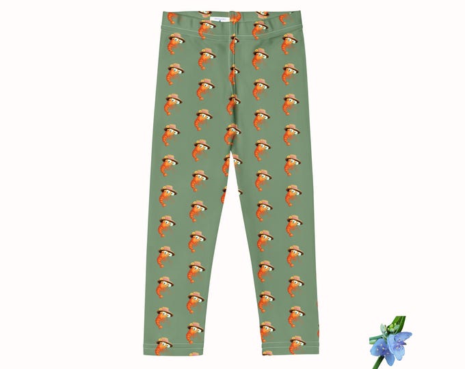 Girls Leggings with Happy Shrimp Design on Green Earth
