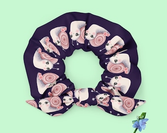 Recycled Fabric Scrunchie: Pink Snails on Purple Background