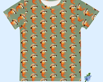 Kids Cotton Crew Neck Tee - Adorable Happy Shrimp Graphic