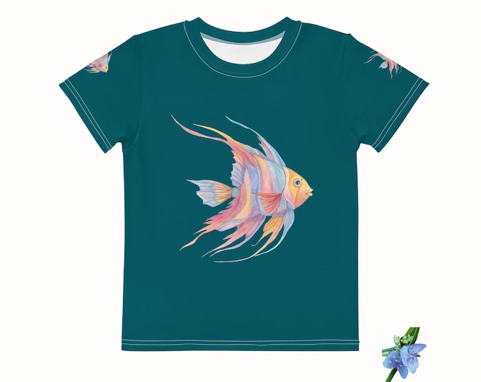 Blue-Green Cotton Crew Neck T-Shirt for Kids with Angelfish Design