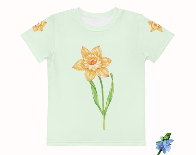 Kids Cotton Crew Neck T-Shirt with Daffodil Flower Graphic