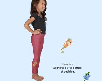 Dark Pink Kids' Leggings with Watercolor Seahorse Design