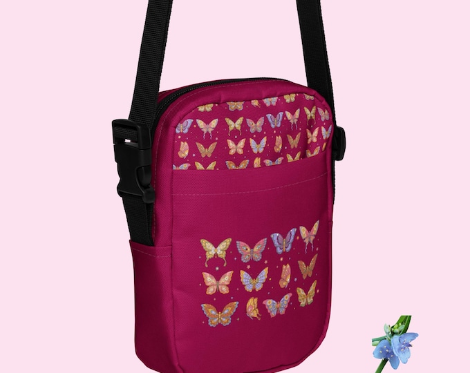 Utility crossbody bag multicolored butterflies on burgundy