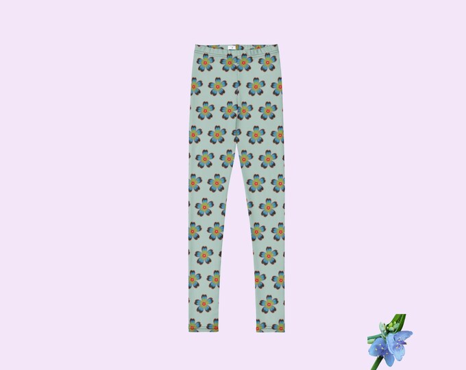Blue Boho Flower Design Youth Leggings | Stylish Kids Activewear