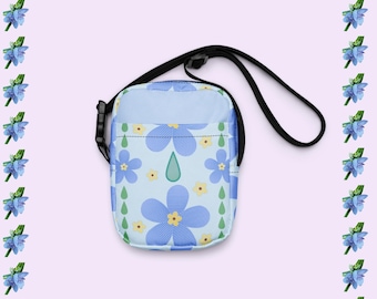 Utility Crossbody Bag with Retro Blue Flowers Design