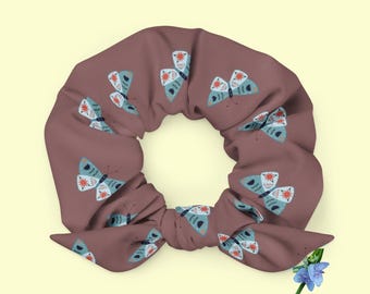 Recycled Blue Moth Print Scrunchie - Eco-Friendly Hair Accessory