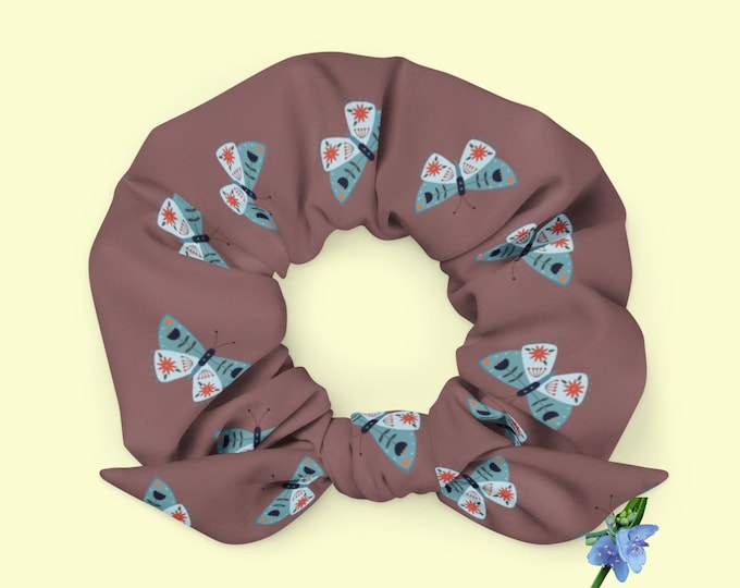 Recycled Blue Moth Print Scrunchie - Eco-Friendly Hair Accessory