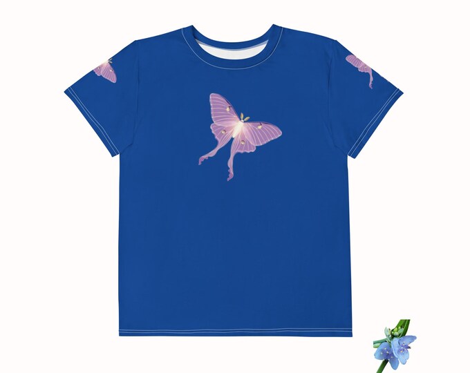 Youth Bright Blue Cotton Crew Neck T-Shirt with Purple Lunar Moth Design