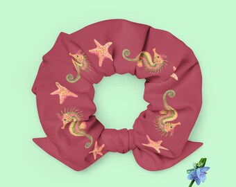 Eco-Friendly Dark Pink Scrunchie Featuring Seahorses and Starfish