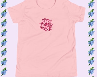 Cute Pink Flower Embroidered Youth T-Shirt - Short Sleeve
