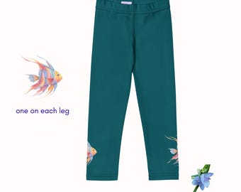 Kids' Leggings - Blue/Green with Colorful Watercolor Angel Fish Design