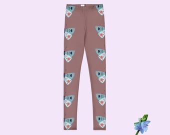 Children's Taupe Leggings Featuring Blue Moth Design