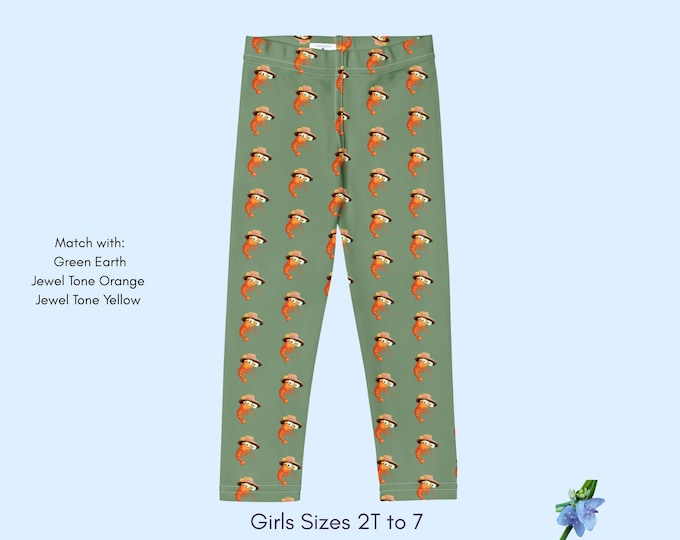 Girls Leggings with Happy Shrimp Design on Green Earth
