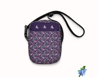 Utility Crossbody in Purple with Lunar Moths & Blue Floral Design