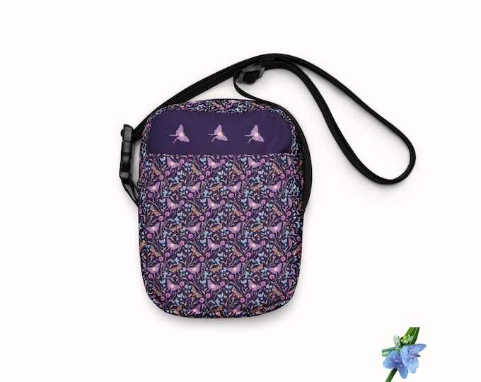 Utility Crossbody in Purple with Lunar Moths & Blue Floral Design