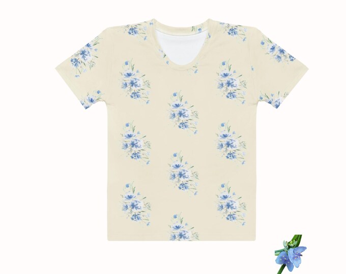 Women’s Cotton Crew Neck T-Shirt - Light Apricot with Watercolor Blue Flowers
