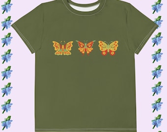 Butterfly Print Youth T-Shirt - Red & Yellow Design on Green Cotton