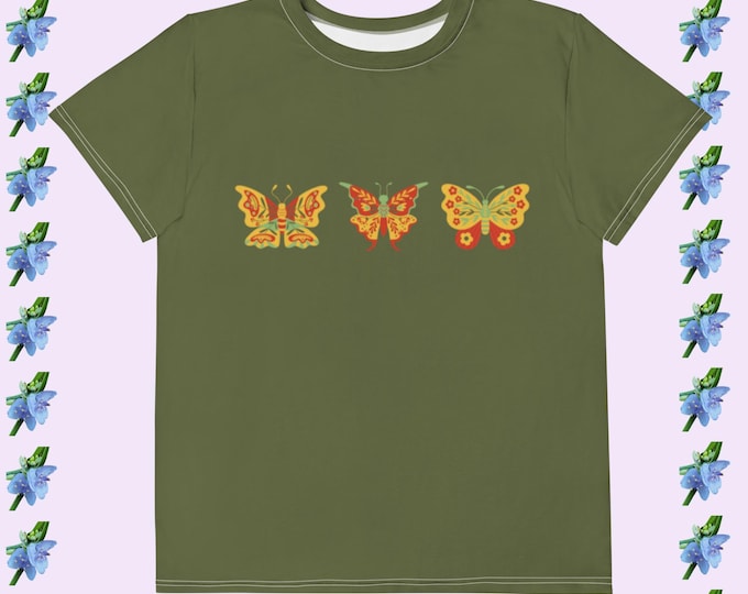Featured listing image: Butterfly Print Youth T-Shirt - Red & Yellow Design on Green Cotton