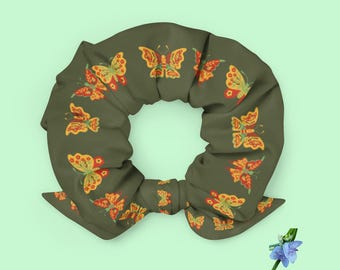 Butterfly Print Scrunchie - Recycled Microfiber in Green with Red and Yellow