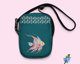 Green-Blue Crossbody Bag | Watercolor Angelfish in Vibrant Blues, Pinks & Yellows