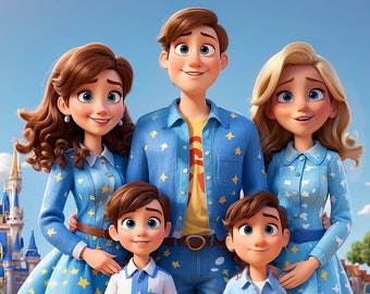 Custom Portrait from Photo, Cartoon Portrait Animation Pixar Character, Family Portrait, Couple Gifts, Digital or Printed, Framed or Canvas