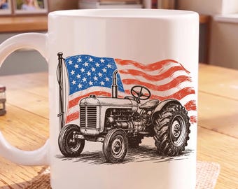 Patriotic Tractor Mug, American Flag Farm Coffee Cup, USA Farmer Gift