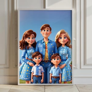Personalisiertes Familienporträt, gerahmt, Leinwand, Poster oder Digital, individuelles Cartoon-Portrait für Familie, Paar mit Hund Geschenk