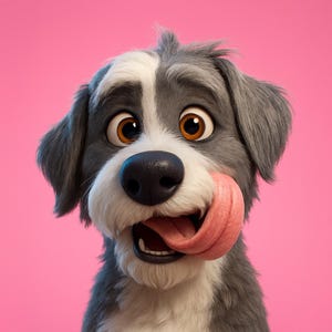 Può includere: Un cane dei cartoni animati con pelo grigio e bianco, grandi occhi marroni e una lingua rosa che si lecca il naso. Il cane ha un naso nero e si trova su uno sfondo rosa.