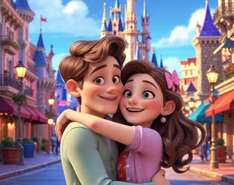 Custom Pixar Style Cartoon Portrait: Personalized Couple, Family & Pet Illustration (Digital Download, Print or Canvas)