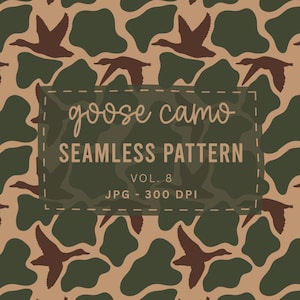 May include: A seamless pattern featuring dark brown silhouettes of flying geese against a background of irregular tan and dark green shapes. A central rectangular box contains the text: goose camo SEAMLESS PATTERN VOL. 8 JPG - 300 DPI.