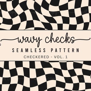 May include: A seamless pattern design featuring a black and white wavy checkerboard pattern. The text "wavy checks" is displayed in a cursive font, with additional text indicating "seamless pattern" and dimensions of 12" x 12".