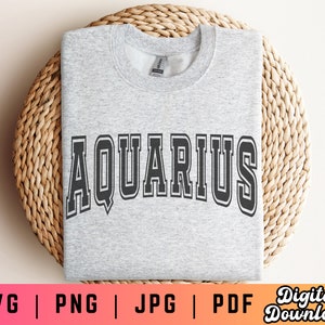 Aquarius SVG PNG PDF, Varsity Svg Png, Zodiac Svg Png, Zodiac Sign Svg Png, Jersey Font Svg Png, Digital Craft Files For Cricut/Silhouette
