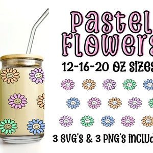 Retro Flower Glass Can Wrap SVG PNG, Spring Glass Wrap Svg Png, Summer Glass Wrap Svg Png, 16 oz Glass Can Svg Png, Pastel Flowers Svg Png