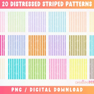 May include: A digital graphic featuring 20 distressed striped patterns in various pastel colors, including pink, green, blue, orange, and yellow. The text at the top reads "20 DISTRESSED STRIPED PATTERNS". The bottom text says "PNG / DIGITAL DOWNLOAD".