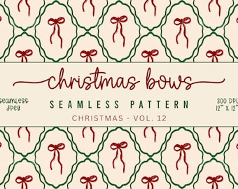 Coquette kerststrikken naadloos patroon, kerst digitaal papier, vintage naadloze patronen, coquette achtergronden, rood | Groen | Crème