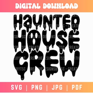 Op de afbeelding: Zwart-wit grafisch ontwerp met druppelende tekst die "Haunted House Crew" luidt.