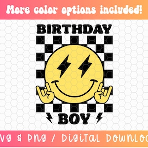 Birthday Boy SVG PNG, Birthday Guy Svg, Checkered Svg, Lightning Bolt Svg, Happy Face Svg Png, Digital Craft Files For Cricut/Silhouette