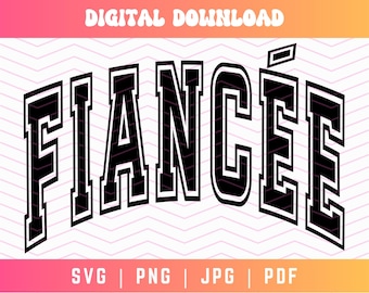Puede incluir: Diseño gráfico en blanco y negro de la palabra "Fiancée" en una fuente de estilo universitario.