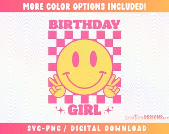 Girls Birthday SVG PNG, Birthday Svg Png, Checkered Svg Png, Lightning Bolt Svg, Happy Face Svg, Digital Craft Files For Cricut/Silhouette