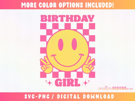 Girls Birthday SVG PNG, Birthday Svg Png, Checkered Svg Png, Lightning Bolt Svg, Happy Face Svg, Digital Craft Files For Cricut/Silhouette