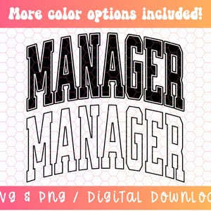 以下が含まれることがあります： 黒と白のグラフィックデザインで、太字のブロック体で「Manager」というテキストが書かれています。「Manager」という単語は2回繰り返され、1回は黒で、もう1回は白で書かれています。