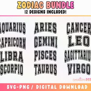 Zodiac Bundle, Zodiac Svg Png, Varsity Svg Png, Birth Sign Svg Png, Astrology Svg Png, Zodiac Sign Sublimation Png, Instant Download Svg Png