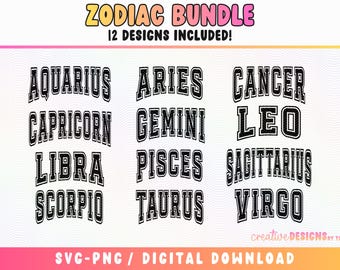 Paquete del zodiaco, SVG y PNG del zodiaco, SVG y PNG universitarios, SVG y PNG del signo zodiacal, SVG y PNG de astrología, PNG para sublimación del signo zodiacal, descarga instantánea de SVG y PNG