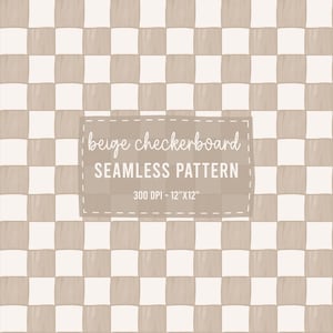 May include: A seamless pattern featuring a repeating beige and white checkerboard design. A central rectangular label with a dashed border contains the text: beige checkerboard SEAMLESS PATTERN 300 DPI - 12"X12".