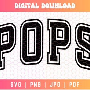 May include: Black and white graphic design of the word "POPS" in a bold, blocky font style. The letters have a thick outline and a white inner square.