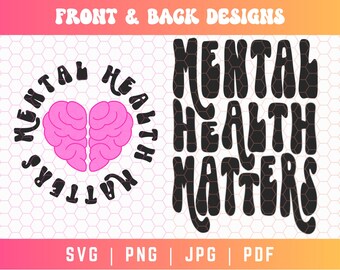 May include: A black and white graphic design with the text "Mental Health Matters" in a retro style font. The design also includes a pink brain shaped like a heart.