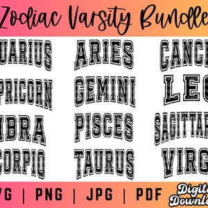 Zodiac Bundle, Zodiac Svg Png, Varsity Svg Png, Birth Sign Svg Png, Astrology Svg Png, Zodiac Sign Sublimation Png, Instant Download Svg Png