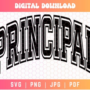 Op de afbeelding: Zwart-wit grafisch ontwerp van het woord "PRINCIPAL" in een vet, universiteitsstijl lettertype.